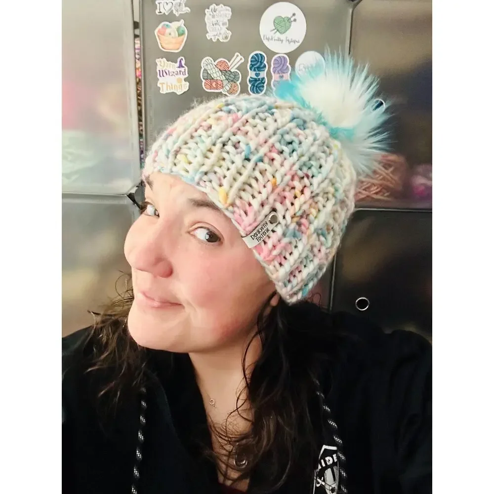 Hand Knit Merino Wool Beanie: DefiKnitly Tasteful Knit Hat with Faux Fur Pom